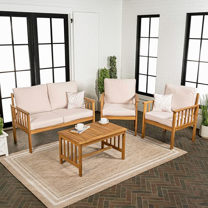 JONATHAN Y Everly 4-Piece Acacia Wood Outdoor Conversation Set, Modern Patio Seating with Loveseat, Coffee Table and Beige Cushions for Backyard, Porch and Garden, Teak Brown LVG1201B-4SET