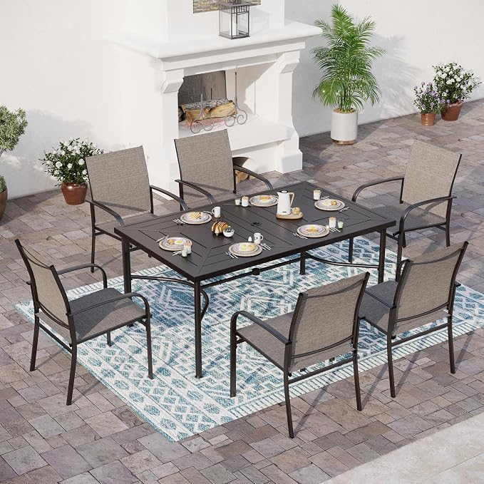 SUNSHINE VALLEY Patio Dining Set for 6, 64" Rectangular Metal Dining Table with Umbrella Hole and 6 Chairs, Outdoor Table and Chairs Set for Lawn Garden Backyard and Deck, Brown