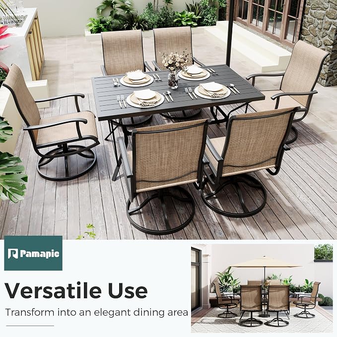 7-Piece Outdoor Dining Set, Patio Furniture Set with Textilene Swivel Chairs, Outdoor Table & 6 Chairs for Garden, Backyard, Poolside, Deck, Beige