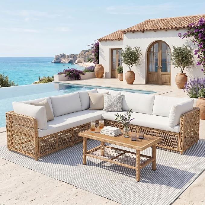 Patio Furniture Set 6-Seater Large Outdoor Sectional Modular L-Shaped Outdoor Furniture with Thick Cushion All Weather Wicker Boho Patio Conversation Sets for Deck, Backyard