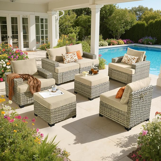 Outdoor Sectional Patio Furniture Set,7 Pieces All Weather Rattan Wicker Conversation Sets,Out Door Furniture with Ottoman Single Chair,Beige