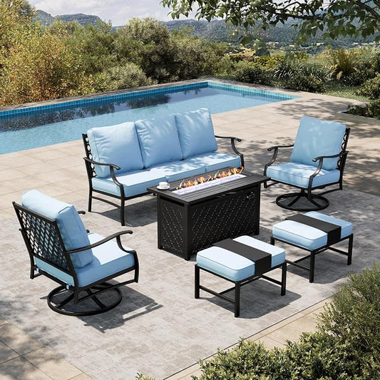HERA'S HOUSE 6 Pieces Patio Furniture Set with Fire Pit Table, 2 x Swivel Chair, 2 x Ottoman, 3-Seat Sofa with 45" Fire Pit Table, Outdoor Conversation Set for Garden, Poolside, Backyard, Blue