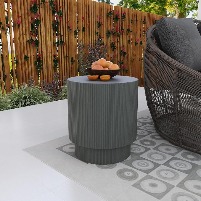 LeisureMod Modern Side Table Round Fiberstone Top Accent End Table for Home, Outdoor Patio, Living Room Sofa, Weather-Resistant, Eden Series in Grey