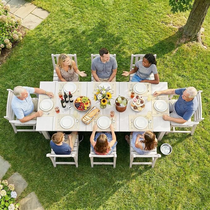 LOUNZY 9 Piece Outdoor Table and Chairs Set, HDPE Dining Furniture, White | 75.2” table,8 seat outdoor dining table set, mixed chair HDPE and ALU, moisture and UV, low maintenance outdoor furniture