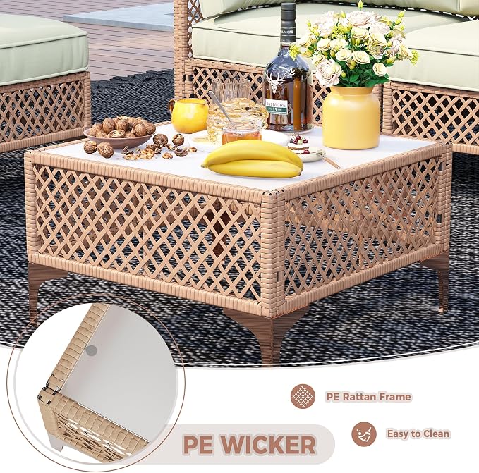 5-Piece Generous Patio Furniture Set, Wicker Outdoor Sectional Set with Large Tempered Glass Coffee Table, Boho Patio Conversation Couch Set with Thickened and Enlarged Cushion and Throw Cushion
