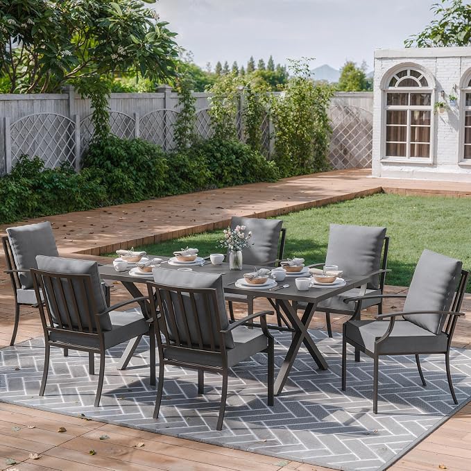 ALAULM 7-Piece Patio Dining Table and Chairs Outdoor Dining Set for 6 Patio Dining Sets with Rectangular Metal Table with Umbrella Hole for Patio, Backyard, Garden-Grey