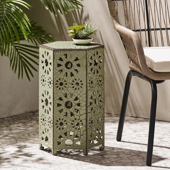 12" Outdoor Side Table, Decorative Cutout Metal Side Table, Multi Functional - Coffee Table, Night Stand, Plant Stand for Patio, Garden, Backyard, Gazebo Indoor (Green)