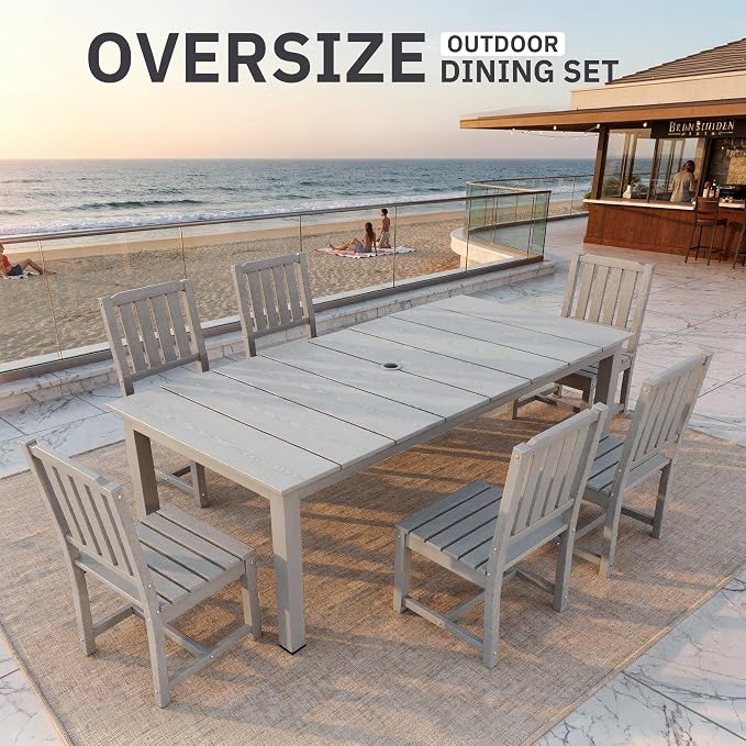 AreShark 7-Piece Outdoor Dining Set,HDPE Patio Table with 6 Armless Chairs,All-Weather Patio Furniture Set with Umbrella Hole,Low Maintenance Wood Grain Dining Set for Backyard,Garden,Poolside,Black