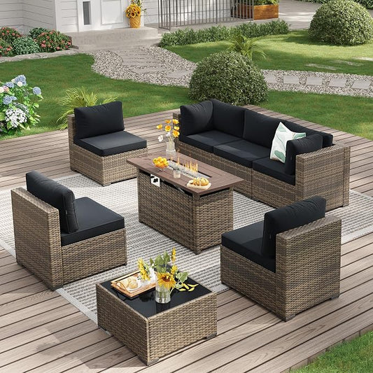 LazySunsets 8-Piece Patio Furniture Set with 44" Fire Pit Table, Wicker Rattan Outdoor Furniture, Patio Conversation Sets with Coffee Table, Outdoor Sectional Couch, Yellow Black