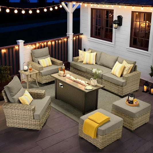 9 Pcs Outdoor Sectional Patio Furniture Set with Fire Pit Table and Swivel Rocking Chairs - All Weather Wicker Modular Outside Sectional Couch,Patio Seating Outdoor Conversation Sets,Dark Grey