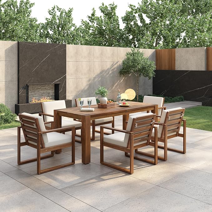 RUNNA Patio Table and Chairs Set,Outdoor Dining Set for 6 with Umbrella Hole,7 Piece Outdoor Patio Furniture Set Wood Frame with Removable Cushion for Garden,Backyard,Lawn,Poolside (Beige+Mocha#019)