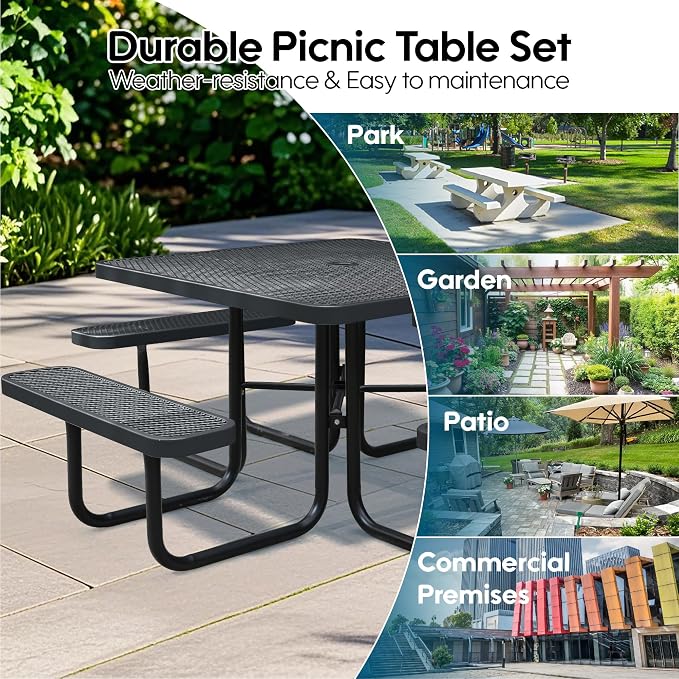 46" Square Picnic Table for Outside,Heavy Duty Metal Picnic Table Bench Set with 2in Umbrella Hole, 1600 lb Capacity,Commercial Dining Table Furniture for Garden Yard Patio Party Coffee Shop
