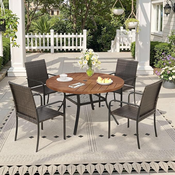 Outdoor Dining Set for 4, 40.7" Metal Round Outdoor Dining Table with Umbrella Hole and Wicker Stackable Patio Chairs, 5 Pieces Patio Table and Chairs Set for Garden Backyard, Walnut