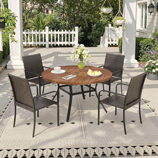 Outdoor Dining Set for 4, 40.7" Metal Round Outdoor Dining Table with Umbrella Hole and Wicker Stackable Patio Chairs, 5 Pieces Patio Table and Chairs Set for Garden Backyard, Walnut