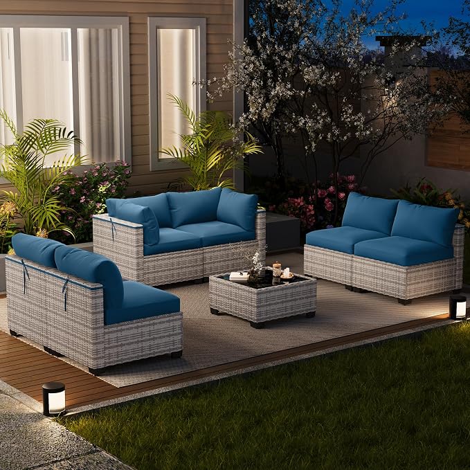 LOUVIXA 7 Piece Outdoor Patio Furniture Set, Outdoor Sectional Sofa, Wicker Rattan Patio Furniture, Patio Conversation Set with Coffee Table & Cushions