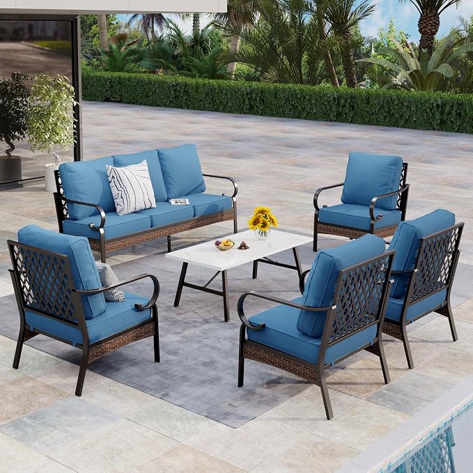 MIXPATIO Patio Furniture Set with Coffee Table, Outdoor Conversation Set with 4 x Fixed Chairs, 1 x 3-Seat Sofa for Lawn Garden Backyard, Navy Blue