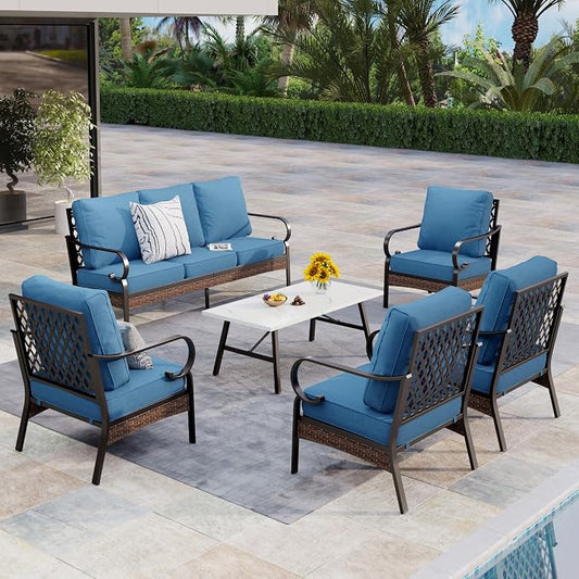 MIXPATIO Patio Furniture Set with Coffee Table, Outdoor Conversation Set with 4 x Fixed Chairs, 1 x 3-Seat Sofa for Lawn Garden Backyard, Navy Blue