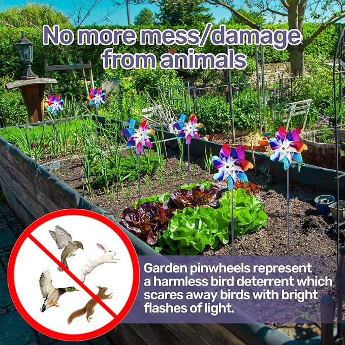 BATTIFE Preassembled Reflective Pinwheels for Yard & Garden, Color, 10 Pack | Sparkly Reflective Material Spinner, Spins Best in Steady Wind, Animal-Deterrent Results Vary by Placement and Conditions