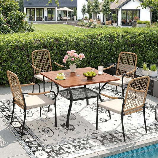 DIFY 5 Pieces Outdoor Dining Set, Metal Patio Table and Chairs Set for 4, 37.8" Square Dining Table with Umbrella Hole & Wicker Stackable Patio Chairs with Cushions, Walnut Tabletop