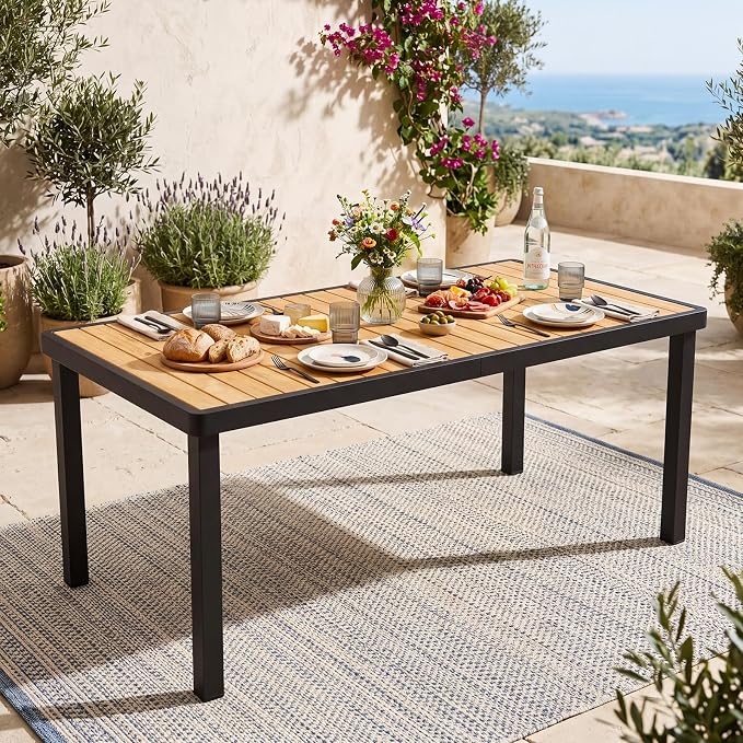 Tangkula 58" Rectangular Patio Dining Table for 6, Acacia Wood Outdoor Table with Slatted Top, 1.97" Umbrella Hole and Heavy Duty Metal Frame, Outside Table for Porch, Garden, Yard, Deck and Poolside