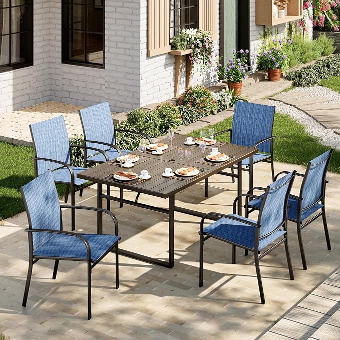 MIXPATIO 7-Piece Outdoor Dining Set 6 Blue Textilene Chairs and Steel Tabletop with Wood Grain Rectangle Table for Deck Garden Backyard Lawn Poolside
