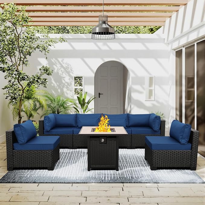 Lviden 7 Pieces Outdoor PE Wicker Furniture Set Patio Rattan Sectional Conversation Sofa Set with Non-Slip Cushions and Fire Pit Table, Navy Blue
