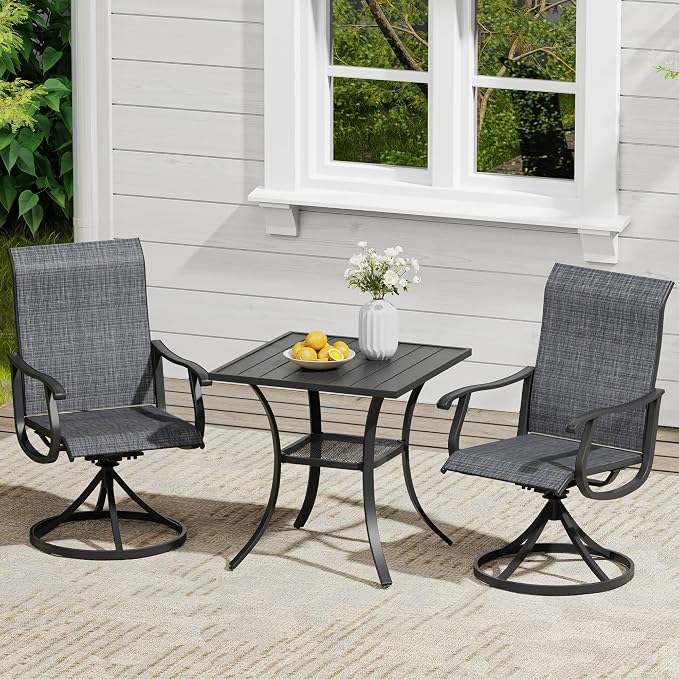 VICLLAX 3 Pieces Outdoor Dining Set, Patio Furniture Set of 2 Patio Swivel Dining Chairs and Small Dining Table with Storage Shelf, Dark Charcoal Chairs & Black Tabletop
