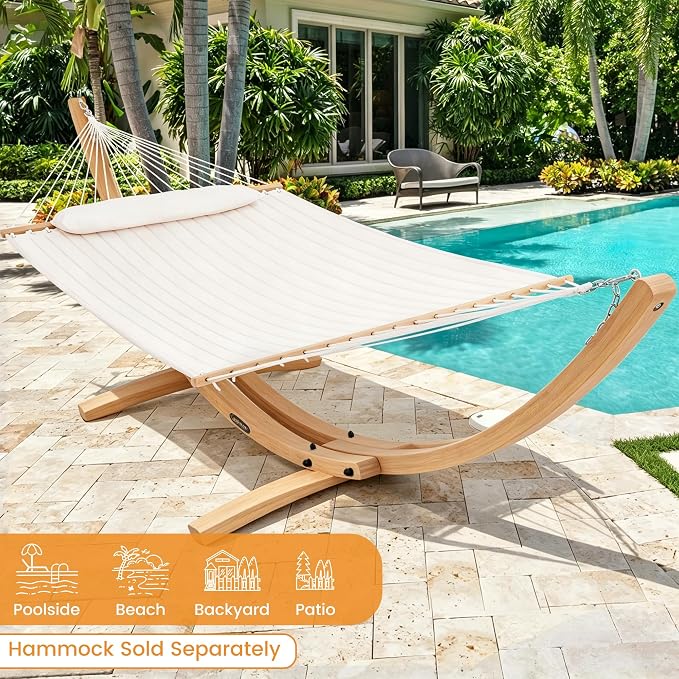 Lazy Daze Hammocks 12 FT Double Quilted Fabric Hammock and 13 FT Natural Wood Arc Stand, with Spreader Bar, Removable Pillow, 2 Person Hammock for Poolside Outdoor Patio, 450 lbs Capacity, Natural
