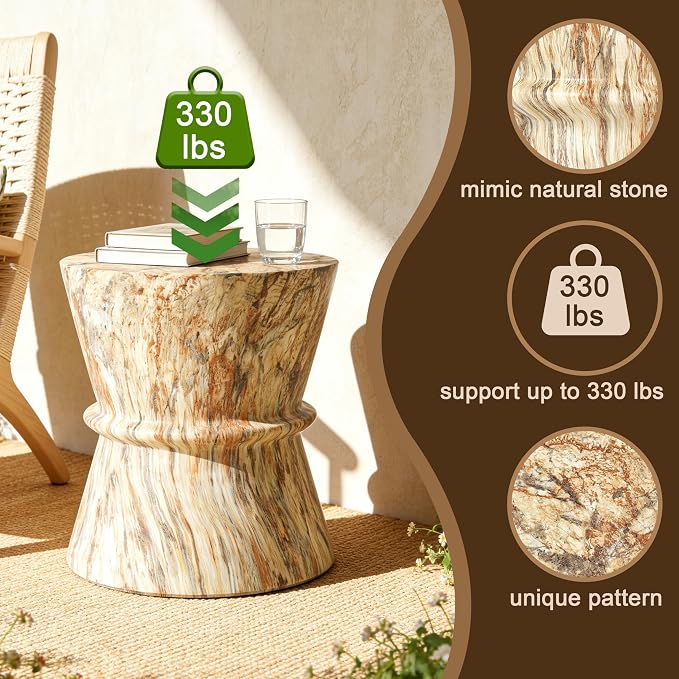 Round Outdoor Side Table, Modern MGO Concrete End Table with Faux Stone Finish, Hourglass-Shaped Patio Side Table for Living Room Garden Balcony,Fully Assembled,Amber Brown