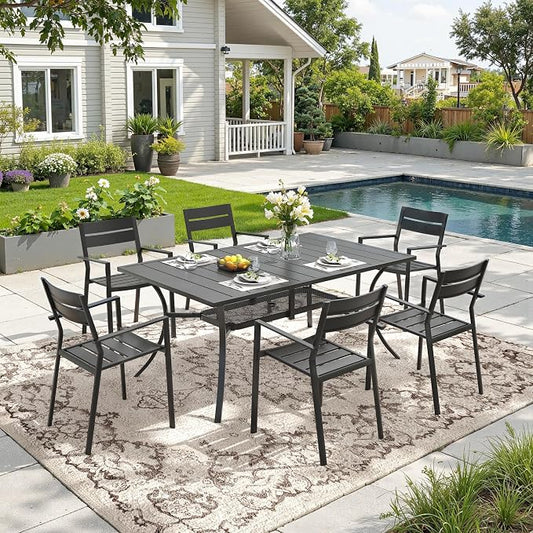 DIFY 7 Piece Outdoor Patio Dining Set for 6, Patio Table and Chairs Set with Umbrella Hole, 59.2" Rectangle Dining Table and Stackable Metal Chairs for Backyard Garden Poolside, Black