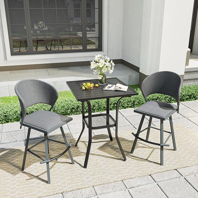 VICLLAX Outdoor Bar Table, 28" Wide Square Patio Bar Height Table Weather Resistant Metal Slatted Tabletop with Umbrella Hole for Balcony Front Porch, Backyard, Black