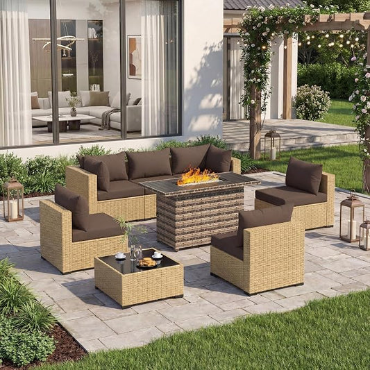 UDPATIO Patio Furniture Set with Fire Pit Table, 8 Piece Sectional Sofas All-Weather Wicker Conversation for Garden, Backyard, Brown