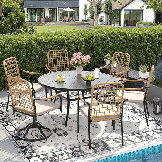 DIFY 7 Pieces Outdoor Dining Set for 6, Patio Furniture Set of 6 Wicker Patio Chairs with Soft Cushions and 50" Black Round Metal Table with Umbrella Hole, for Backyard Garden Deck, Wheat Rattan