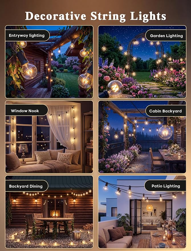 Abeja Outdoor String Light 100 Ft G40 Patio Lights with 105 Edison Glass Bulbs E12 Socket Base (5 Spare) Globe Clear Hanging Lights for Backyard Balcony Deck Party Decor, Not Connectable, Black