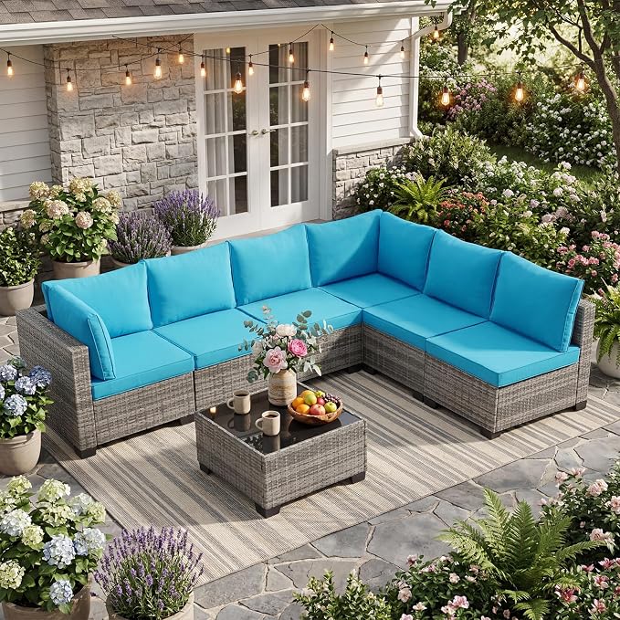 ANJ 7 Piece Outdoor Wicker Patio Furniture Set, Modular Loveseat Sofa with with Glass Top Coffee Table, All-Weather Rattan Conversation Couch Set for Balcony, Backyard, Light Grey Wicker-Turquoise