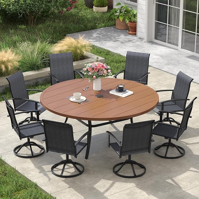 VICLLAX Outdoor Table and Chairs Set for 8, Patio Dining Set of 60 Metal Round Patio Table with Umbrella Hole & 8 Swivel Outdoor Dining Chairs for Backyard Lawn, Charcoal & Walnut