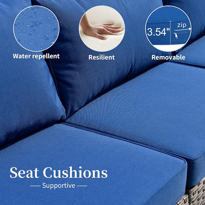 HOOOWOOO 13 Piece Patio Sectional Furniture Set with FirePit Table,Modern Wicker Outdoor Conversation Sofa Sets,All Weather Modular L Shaped Outside Couch Swivel Chair Set(Navy Blue)