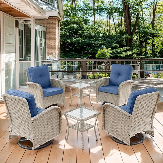 Outdoor Swivel Glider Rocker Chair Set of 4 - Wicker Patio Furniture Set All Weather Conversation Set with 2 Tempered Glass Side Table for Deck Backyard - Light Beige Wicker Blue Cushion