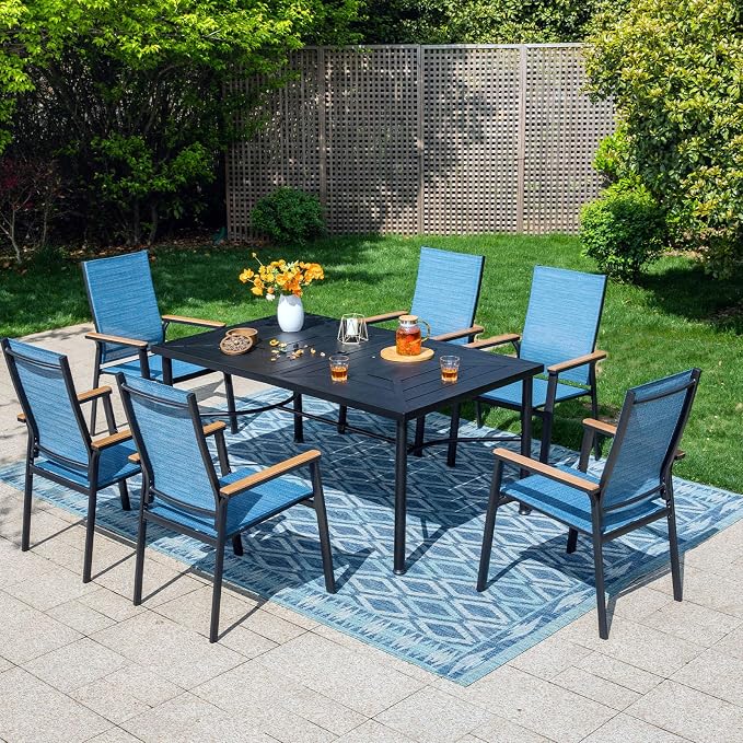 PHI VILLA 7 PCS Patio Dining Set, Aluminum Outdoor Furniture, Patio Table and Chairs for 6, Lightweight Stackable Chairs with Breathable Fabric and Large Square Metal Table for Garden Yard Deck, Blue