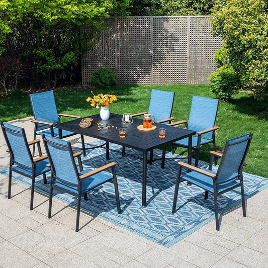 PHI VILLA 7 PCS Patio Dining Set, Aluminum Outdoor Furniture, Patio Table and Chairs for 6, Lightweight Stackable Chairs with Breathable Fabric and Large Square Metal Table for Garden Yard Deck, Blue