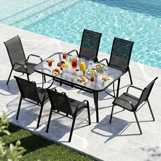 MAMIZO 7 Pieces Patio Dining Set for 6, Outdoor Table and Chairs w/Rectangle Glass Table and 6 Textilene Stackable Chairs, Patio Furniture Set w/1.69" Umbrella Hole (Black Table & Black Chair)