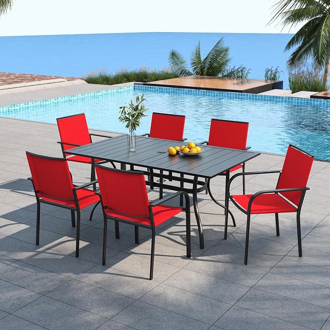 7 Piece Outdoor Red Stackable Chairs and 63"x38" Rectangle Dining Table Set | 6 Psc Stackable Chairs, Textilene Seat&Back, Metal Table, Slat Table Top, 6 Person Use, 1.57"-1.9" Umbrella Hole, All Weather
