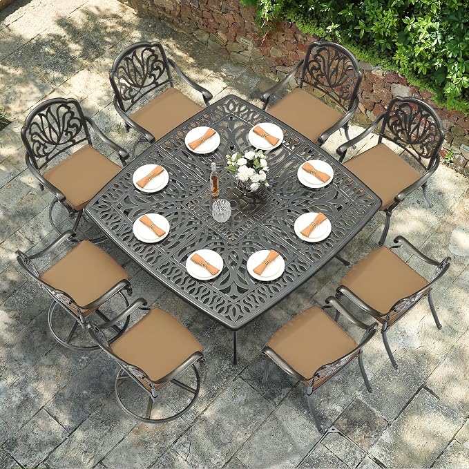 VIVIJASON 9-Piece Outdoor Furniture Dining Set, Cast Aluminum Patio Table and Chairs Set with 4 Stationary Chairs, 4 Swivel Rocker Chairs, 64" Large Square Dining Table, Umbrella Hole, Khaki