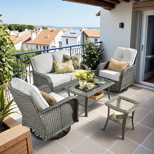 HOOOWOOO Patio Furniture Set,5 Pieces Outdoor Conversation Set,All Weather Wicker Loveseat Sofa Set with High Back Swivel Rocking Chairs Tables,Light Gray