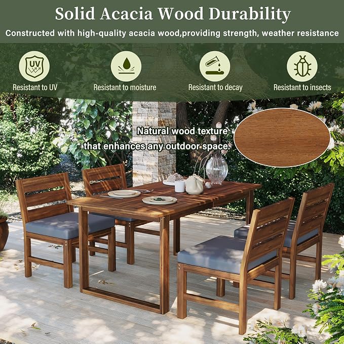 RUNNA Farmhouse 5-Piece Outdoor Patio Dining Set with Adjustable Legs,Acacia Wood Dinning Set for 4,Suitable for Backyard, Garden,or Deck (Brown+Gray)