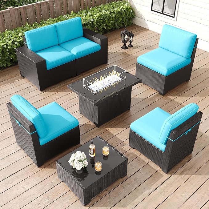LayinSun 7 Pieces Patio Furniture Set with Fire Pit Table, Black Rattan Modular Sectional Patio Conversation Sofa Set