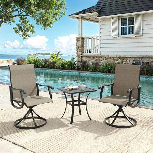 VICLLAX Patio 3 Pieces Outdoor Bistro Side Table Dining Set, Small Patio End Table Square Coffee Table and 2 Swivel Textilene Chairs for Lawn,Garden,Porch,Black/Brown