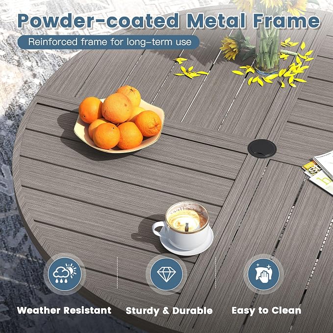 DIFY 9 Piece Outdoor Dining Set for 8, 59.8" Grey Wood-Like Round Metal Dining Table with Umbrella Hole and Swivel Patio Chairs with Sandshell Textilene, Patio Table and Chairs Set for Garden Backyard