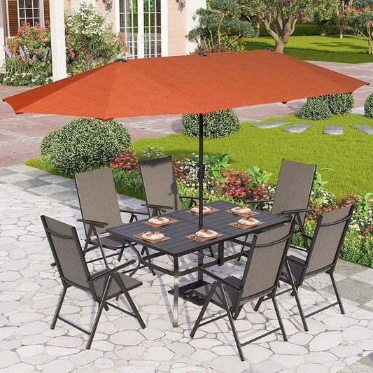 PHI VILLA Patio Dining Set with Orange Red Umbrella, Outdoor Dining Set with Metal Table & Adjustable Folding Chairs for Garden Deck Poolside (No Umbrella Base)