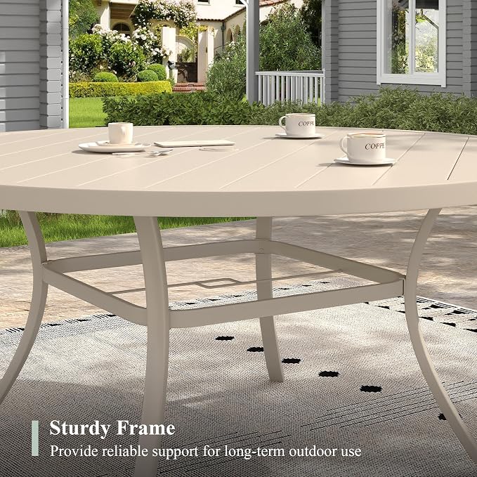 Outdoor Dining Set for 8, 60" Metal Round Outdoor Dining Table with Umbrella Hole and Sling Patio Swivel Chairs, 9 Pieces Patio Table and Chairs Set for Garden Backyard, Sandshell
